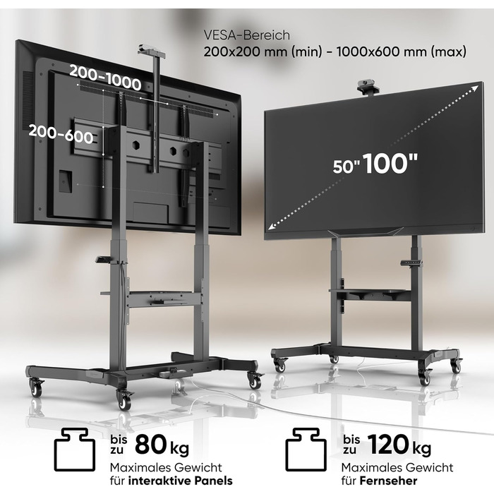 ONKRON Electric TV Stand with Wheels - Adjustable Height, 50-100 Inch TVs, 130kg Capacity, VESA 1000x600 - Black