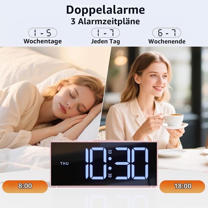 Цифровий будильник LATEC з 2 сигналами, функцією Snooze та USB-портом, 4 рівні яскравості, регулювання гучності, мережеве живлення (Рожевий)