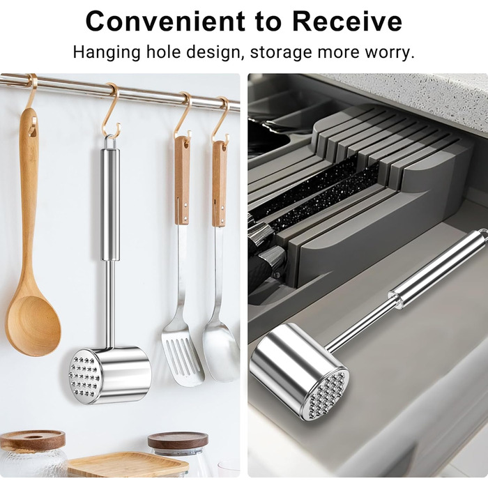 Кліпер для м'яса HOOMIL, двосторонній антипригарний, молоток для відбивання м'яса з неслизькою ручкою, для шніцелів та стейків, срібний (круглий, гладкий срібний)