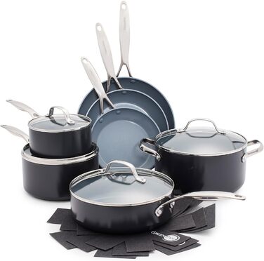 GreenPan Valencia Pro Thermolon Healthy Ceramic Non-Stick 11-Piece Cookware Set, Pots and Pans, PFAS-Free, Including Frypans, Saute Pans, Induction, Dishwasher Safe, Oven Safe, Grey Cookware Set 11-Piece