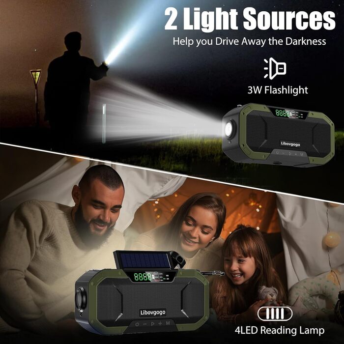 Радіо з ручним приводом та сонячною зарядкою - з акумулятором 5000mAh, радіо для екстрених ситуацій, IPX5 водостійке, AM/FM, портативне, динамо, кемпінг, на відкритому повітрі, ліхтарик, SOS, USB-C (зелене)