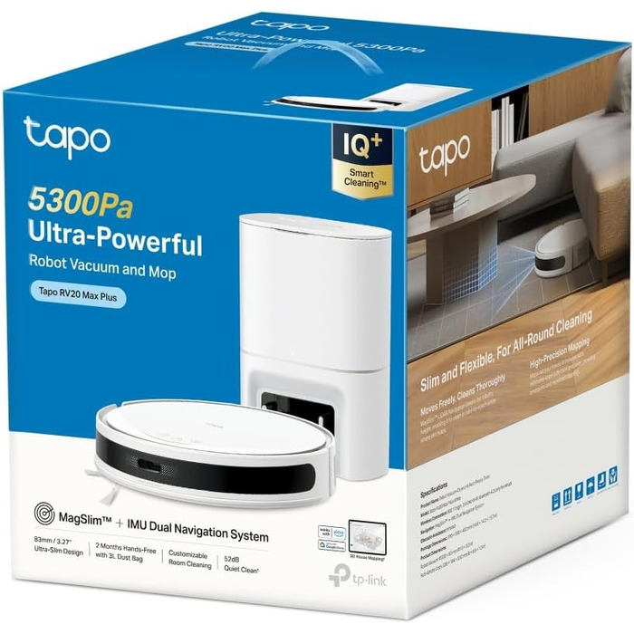 Робот-пилосос Tapo RV20 Max Plus з функцією миття та автоматичною станцією самостійного очищення, 5300Pa, 83 мм, сумісний з Alexa & Google Assistant, білий
