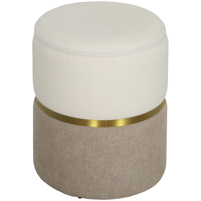 HOMCOM Storage Ottoman with Lid, Metal Ring, Two-Tone Design Round Footstool Upholstered Ottoman, Chenille 36 x 36 x 44 cm Cream White | Aosom