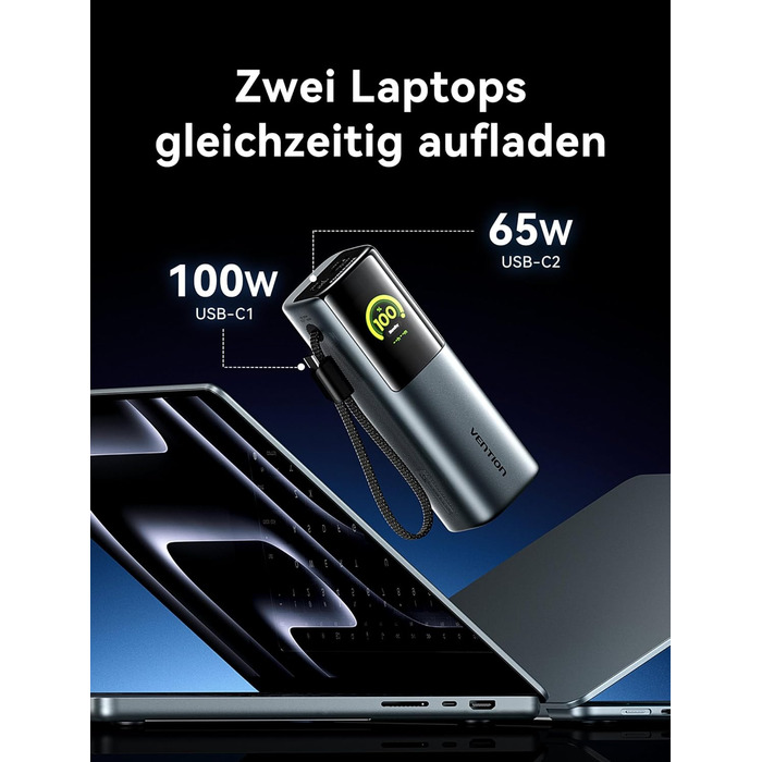 Power Bank VENTION 20000mAh 165W з дисплеєм та Emoji, інтегрований кабель USB-C, 2×100W USB-C + USB-A. Сумісний з MacBook Pro, iPad, Dell/HP, iPhone, Galaxy