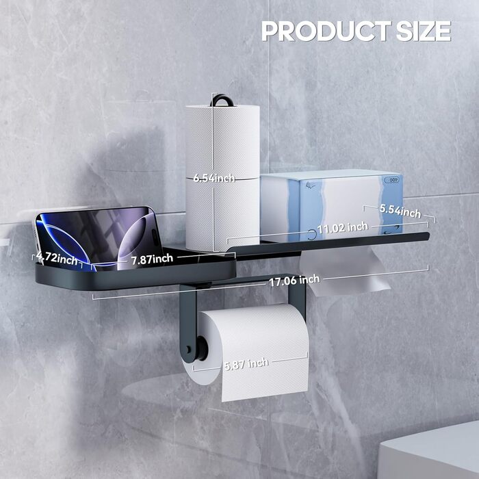 Настінний тримач для туалетного паперу з полицею, багатофункціональний, обертовий, з нержавіючої сталі, чорний мат. Підходить для ванної кімнати, кухні та пральні.
