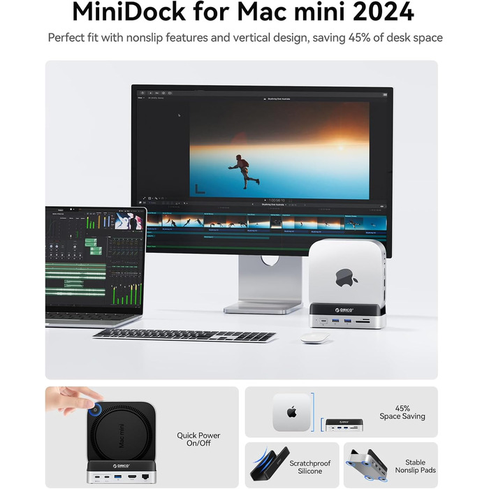 ORICO MiniDock: Док-станція та підставка для Mac mini M4/M4 Pro з корпусом для NVMe SSD, USB-C хаб з 4K HDMI та DisplayPort, SD/TF 3.0, USB-C/A 10Gbps, PD 100W - VS10 (10-в-1, 4TB)
