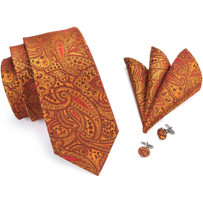 DiBanGu Комплект аксесуарів для чоловіків: краватка, хустинка, нагрудна хустинка, краваткова булатка, запонки (Квітковий візерунок, помаранчевий)