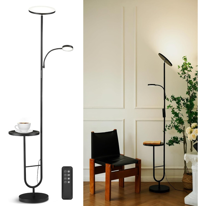 Стійка лампа LuminexDesigns з регулюванням яскравості, 36W+7W LED, 3200LM+600LM, 2700K-6500K, чорний колір. Сучасна підлогова лампа для вітальні з пультом дистанційного керування та функцією настільної лампи.