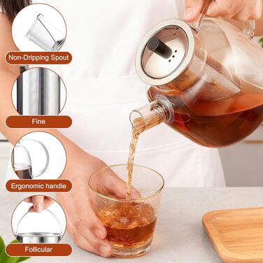 Скляний чайник для заварювання чаю 1800 мл з підставкою-підігрівачем, кришкою та ситом для листового чаю та чайних пакетів