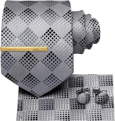 Набір краватки, кишенькового хустинки та запонок Hi-Tie, золотий, формальний шовк, для весілля та свят (сірий у керобку)