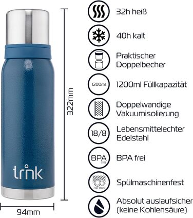Термос для напоїв TRNK Arktis 2, 1200 мл, нержавіюча сталь, BPA-free, зберігає тепло 32 години, з 2 кришками-чашками, для відпочинку на природі, миється в посудомийній машині (гірське блакитний)