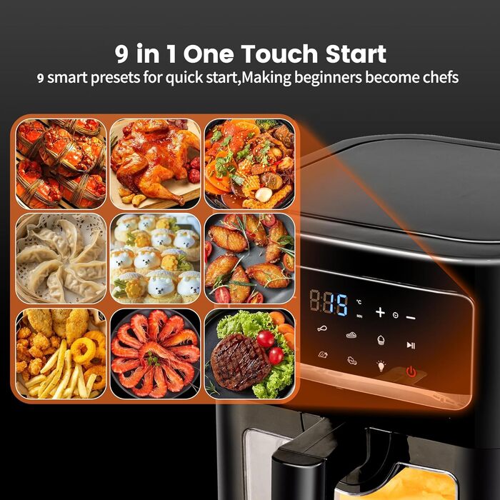 Фритюрниця готує без олії з 2 камерами на 9 літрів | Air Fryer з двома незалежними зонами 2x4,5L, потужність 2600W, 8-в-1, сенсорне управління, функція Smart Finish, чорний колір