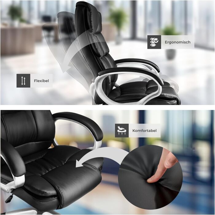 Офісне крісло tectake® з підлокітниками, регулюванням висоти та функцією гойдання, чорне, з підкладкою 12 см, оббивка під шкіру