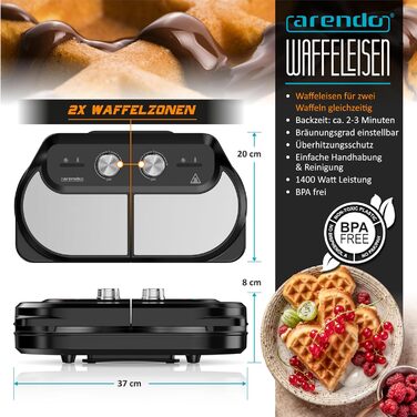 Вафельниця Arendo з подвійним покриттям - бельгійські вафлі та серця - 2 дизайни, регулювання температури, антипригарне покриття, 1400 Вт, нержавіюча сталь, срібно-чорний колір, BPA Free