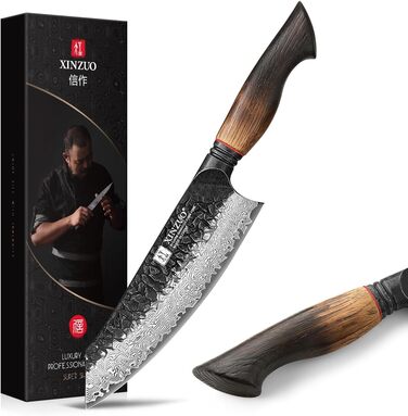 Ніж Сантоку XINZUO Damaststahl 19,3 см - професійний кухонний ніж з дамаської сталі, серія Mo, ергономічна ручка з білого дуба