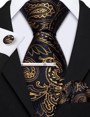 Набір краватки, кишенькового хустинки та запонок Barry.Wang: Шовкова краватка з квітковим візерунком Paisley, чорно-золота, для весілля та свят