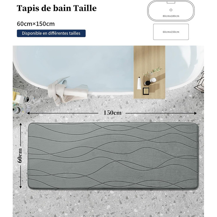 Килимок для ванної кімнати chakme з ефектом пам'яті, антиковзаючий та вбираючий м'який килим у ванну, що переється (60x150 см, сірий)