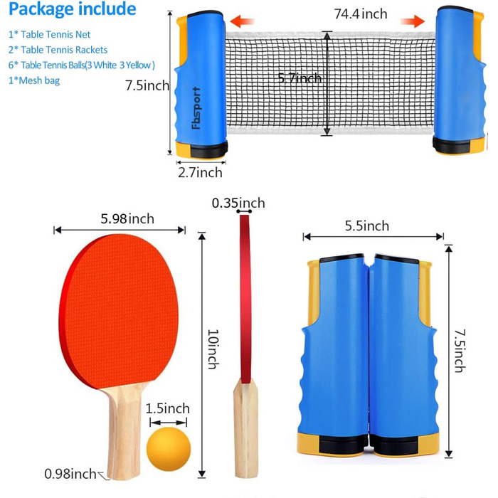 FBSPORT Набір для настільного тенісу Професійний: 2 ракетки, сітка, 6 м'ячів, сумка. Підходить для дорослих та сімей.