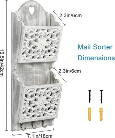 Дерев'яний органайзер для ключів з поличкою та відділенням для листів, крейдяною дошкою та 8 гачками, настінний (античний)