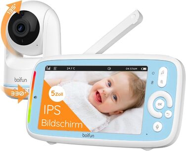 BOIFUN Дитячий відеоняня з камерою, 5' 720P IPS, без Wi-Fi, нічне бачення 360°, датчик шуму/температури, двосторонній зв'язок, радіус дії 300м, Plug & Play, акумулятор 3050mAh, колискові