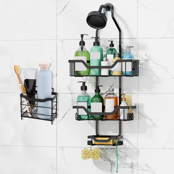Настінна поличка для душу з тримачем для зубних щіток, нержавіюча сталь, 12 гачків, без свердління, органайзер для ванної кімнати