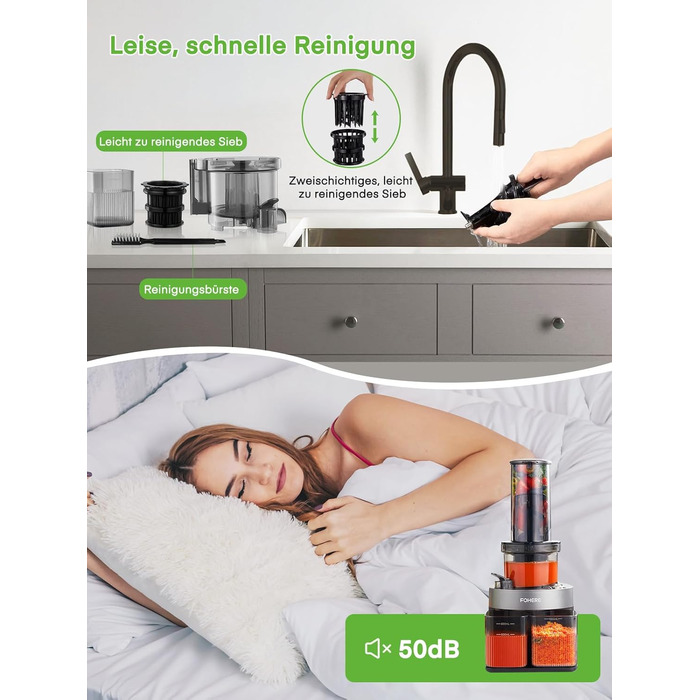 FOHERE Slow Juicer, Vegetable and Fruit Extractor, 119MM Opening, Electric Cold Press with Quiet 200 Watt Motor, Easy to Clean with Double-Layer Filter and Reverse Function