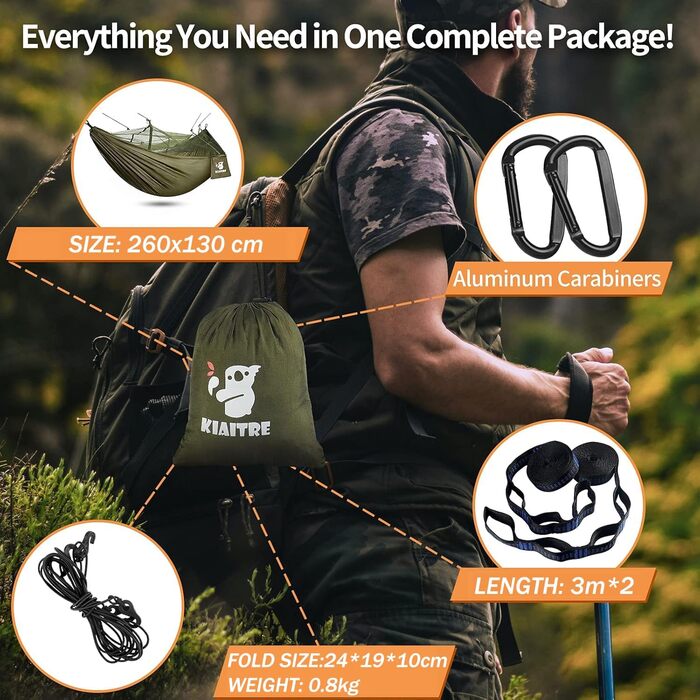 Гамак для відпочинку на природі з москітною сіткою - 260 x 130 см, легкий нейлон, 200 кг, зелений