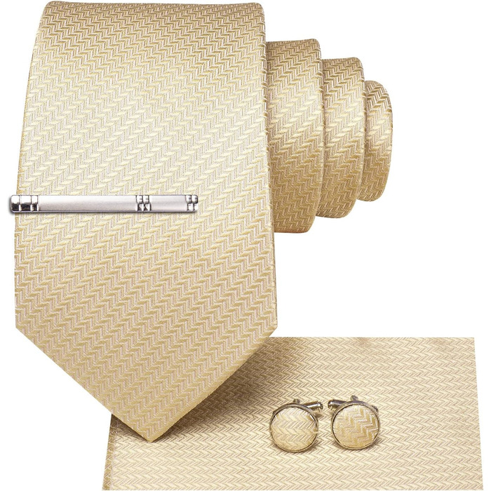 Комплект чоловічих краваток Hi-Tie Classic (4 шт.): краватка, нагрудна хустка, затискачі для запонок, зажим для краватки, шовк, однотонні та з візерунком пейслі, шампань