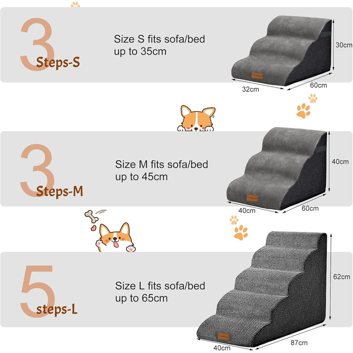 Trhillsbrad Breiter Hundetreppe 5 Stufen 62cm hoch für Kleine Hunde, Hochdichtem Schaumstoff Haustiertreppe, Waschbarem Bezug und Rutschfestem Boden