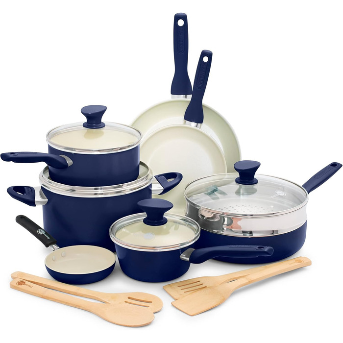 GreenPan Rio 16-Piece Cookware Set, PFOA and PFAS-Free, Healthy Ceramic Non-Stick Coating, Dishwasher Safe, Easy to Clean, Durable Performance, Blue