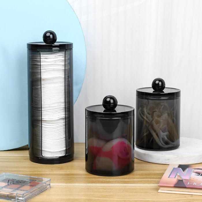 Організатор для косметики Gomoeny: 3 тримачі для ватних паличок, чорні аптекарські склянки для ванної кімнати, для ватних паличок, круглі ватні диски, вати, спонжів для макіяжу, пінцетів (B)