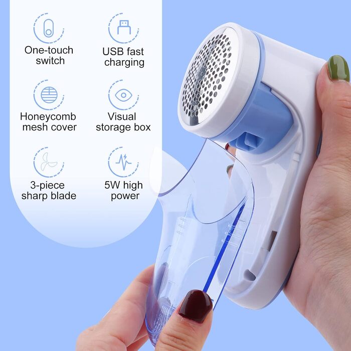 Електричний видалення ворсу для одягу та вовни з USB-кабелем та 2 запасними лезами (блакитний)