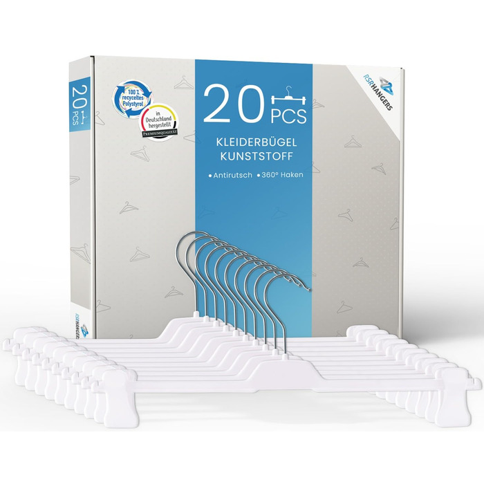 Вішалки для штанів RSR-Hangers® білі, 20 шт, XL PUC, пластикові пліччики з регульованими протиковзкими затискачами, 42 см, поворотний гачок 360°, Made in Germany