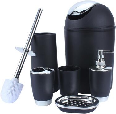 6-Piece Bathroom Set with Bin Soap Dish Dispenser Tumbler Toothbrush Holder, Plastic (black) Bathroom Set Beige
