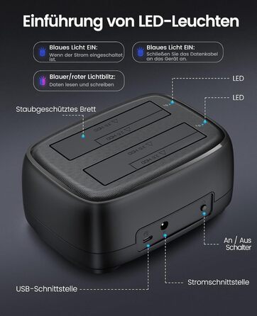 ORICO Док-станція для жорстких дисків, USB 3.2 Gen 1, 2 відсіки, підтримка 2.5/3.5 HDD/SSD, до 20TB, UASP, 12V 3A