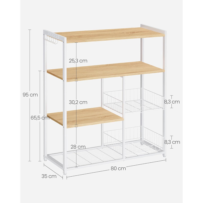 Стелаж кухонний VASAGLE з 2 металевими кошиками, стелаж-пекарня з гачками та полицями, для мікрохвильової печі, 35 x 80 x 93,5 см, золотий дуб + білий
