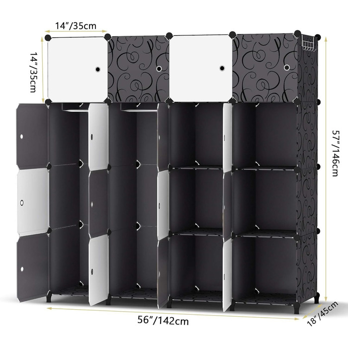 HOMIDEC Wardrobe, Portable Shelving System, 20 Cube Closet made of Plastic with 2 Clothes Rails, Bedroom Wardrobe Closet White for Bedroom, 180 x 142 x 45cm (16 cube, White & Black)