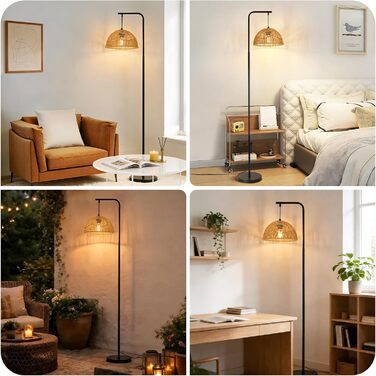 Торшер Rattan Boho - Стильний торшер для вітальні, спальні, тераси, офісу E27 164 см, чорний, з ніжкою-вимикачем