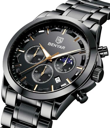 Годинник чоловічий Benyar 5160 чорний - Хронограф, аналоговий, кварц, водонепроникний, з датою | Чоловічий годинник для бізнесу та моди
