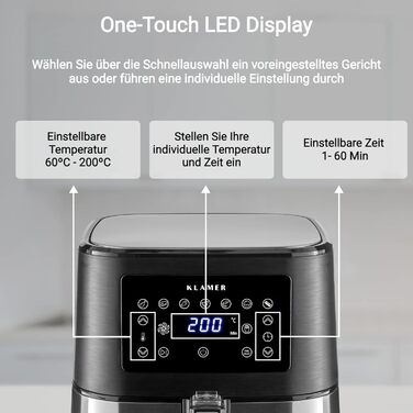 Фритюрниця KLAMER 5,5 л XXL без олії, 1700 Вт, аерофритюрниця з LED-екраном, цифровою німецькою книгою рецептів, багатофункціональна міні-фритюрниця з нержавіючої сталі