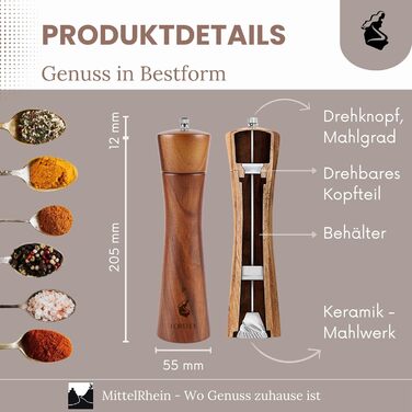 Дерев'яна мельниця для солі та перцю LORELEY® Mittelrhein Germany з керамічним жорном – з підставкою та пензлем – подарункова упаковка. Ідеальний подарунок на весілля або новосілля (Luxury Holz)