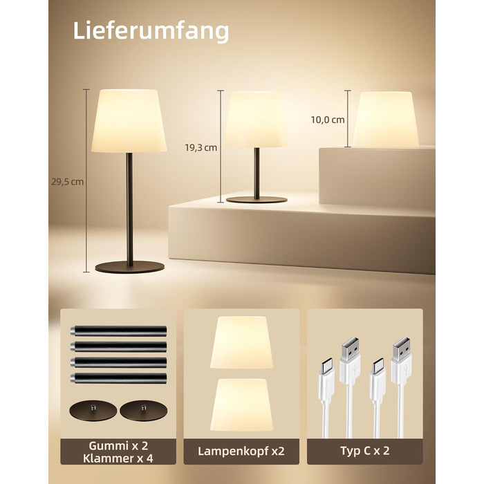 Світлодіодні настільні лампи EZVALO бездротові, 2 шт., IP65, USB-C, диммер сенсорний, 3 режими світла, для дому та кемпінгу (Чорні)