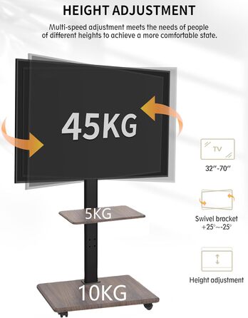 Підставка для телевізора Delphos Mobiler TV – мобільна, з дерев'яною основою, для телевізорів 32-70 дюймів, до 45 кг, регульована по висоті (до 130 см), поворотна ±25°, VESA 600x400 (волоський горіх)