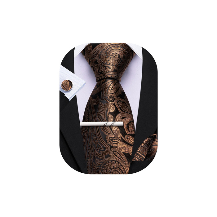 Комплект краваток для чоловіків Barry.Wang: краватка, краваткова шпилька, кишеньковий хустинка, запонки, коричневий/чорний
