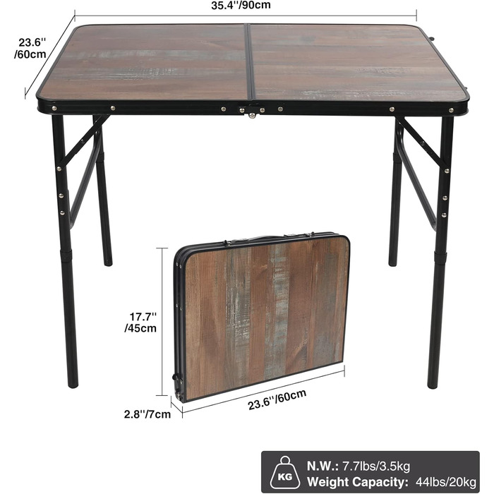 REDCAMP Складний столик з регулюванням висоти, легкий портативний туристичний столик 60x40 см (4 положення) з сітчатим шаром, для дому та відпочинку на природі, балкону, ринку, кухні, темно-коричневий (декор під дерево, 90x60 см (2 положення))