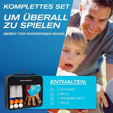 PRO SPIN Table Tennis Set with Net - Mobile Table Tennis Net, 3-Star Table Tennis Balls, Case & Paddles | Perfect Gift Set for 4 Players