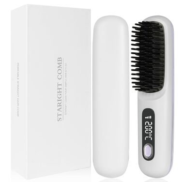 Бездротова випрямляч для волосся LOPHE - щітка-випрямляч з LED-дисплеєм, 3 температурні режими, акумулятор, для волосся та бороди, білий