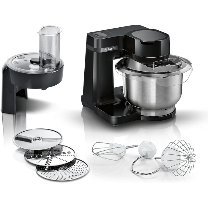 Bosch Kitchen Machine Series 2 MUMS2EB01, Stainless Steel Bowl 3.8 L, Planetary Mixer, Dough Hook, Beaters and Whisk (Stainless Steel), Food Processor Attachment, 3 Discs, 700 W, black