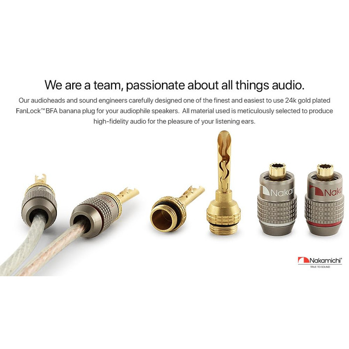 Бананові роз'єми Nakamichi FanLock Excel-Serie, 24K позолочені BFA коннектори для акустичних кабелів 10-18 AWG, 4 мм, для Hi-Fi стерео та домашнього кінотеатру, 4 шт (2 пари)