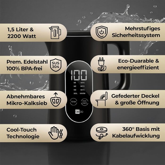 Електричний чайник Aeco AQA NEO з нержавіючої сталі, 1.7 л, 2150 Вт, без BPA, фільтр від накипу, бездротовий, CoolTouch, шампань срібло (Aqa Elite (чорний матовий))